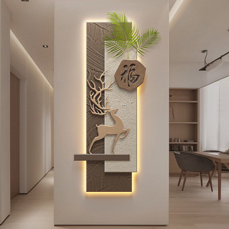 侘寂风入户玄关h装饰画立体福鹿墙壁画高级感现代简约走廊过道挂