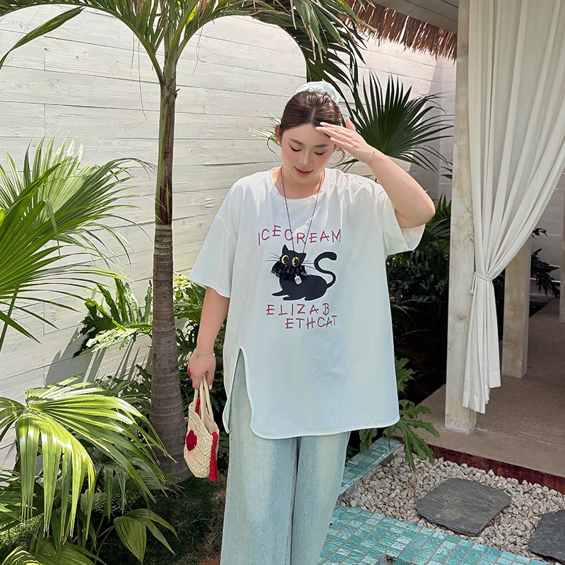 猫咪印花纯棉大码t恤女装夏季200斤加肥加大胖mm宽松减龄短袖上衣