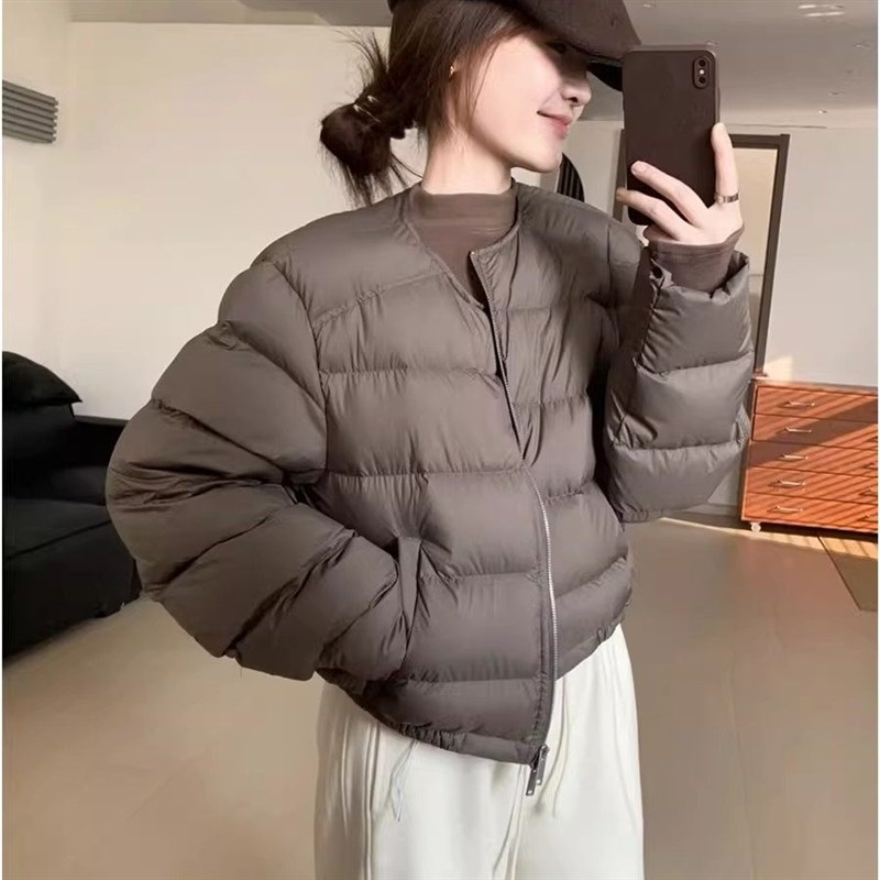 小个子90羽绒服女2024冬季新款无领短款棒球服面包服设计感外套潮