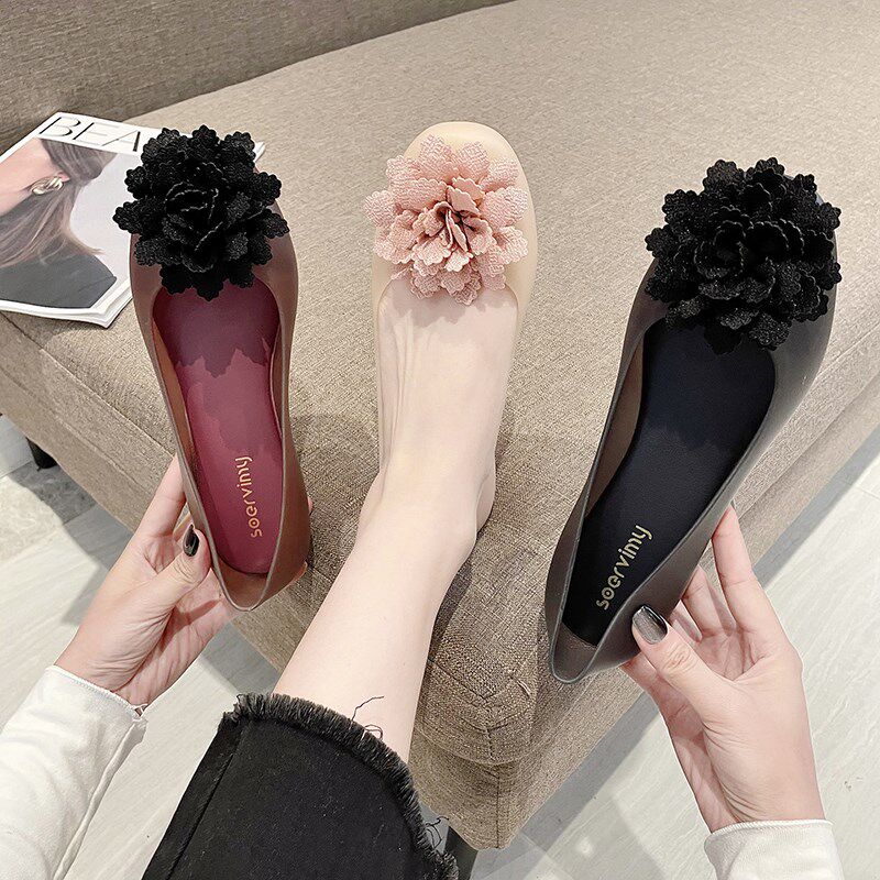 时尚雨鞋女夏季浅口包头花朵休闲防水平底果冻鞋软底防滑沙滩凉鞋