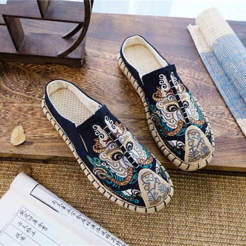 新款民族风圆头手工平跟麻绳中国风青年一脚蹬半包包头帆布拖鞋男