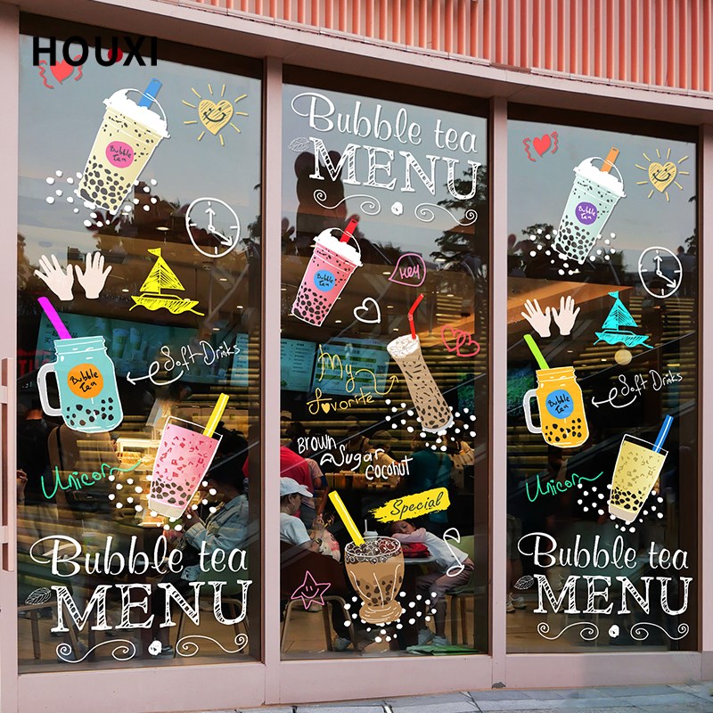 手绘奶茶玻璃门贴纸创意饮品店咖啡店装饰贴画橱窗氛围布置免胶贴