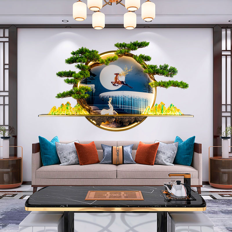 现代客厅装饰画沙发n背景墙挂画新中式简约大气迎客松壁画玄关挂