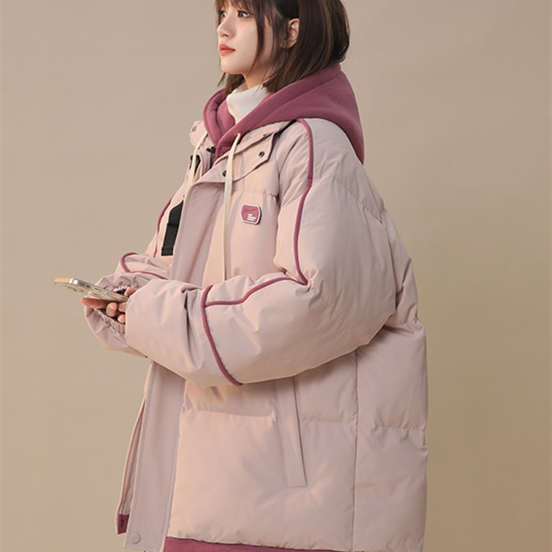 连帽假两件棉衣女冬季胖mm大码宽松学生加厚羽绒棉服保暖棉袄外套