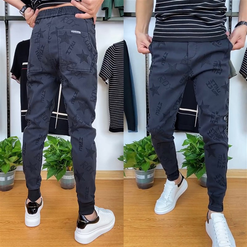 9177男士秋季时尚印花弹力修身小脚裤网红休闲男裤子男百搭新款潮