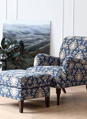 室椅艺椅客厅单人田园风卧格碎花单蓝色布复古沙发实QLT木美式老