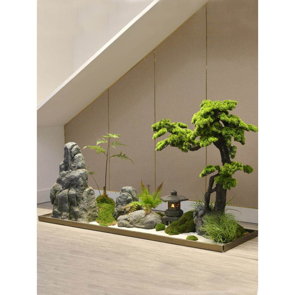 室内摆件大组合楼梯下造景轻奢假山干摆档假山石仿真绿景高观装饰