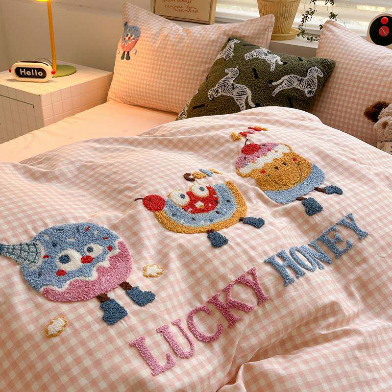 100全纯棉毛巾四件绣套DHN床笠儿上用品可爱卡通被套童学生床三件