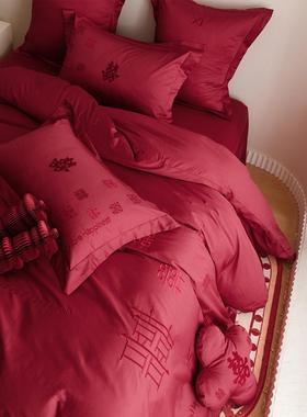 婚庆F97HT6S8精喜致美S长绒棉四件纯棉结套婚房观字床笠款红色新