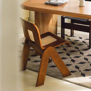 计师法中设靠31039古复古轻奢藤编卧室创意式实木背餐椅