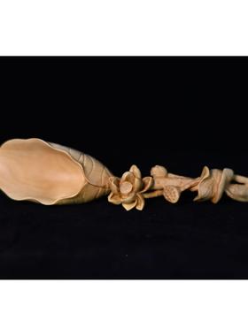 荷花茶勺雕工品手把小叶黄杨木件木雕家居装饰艺车载装无品牌/饰