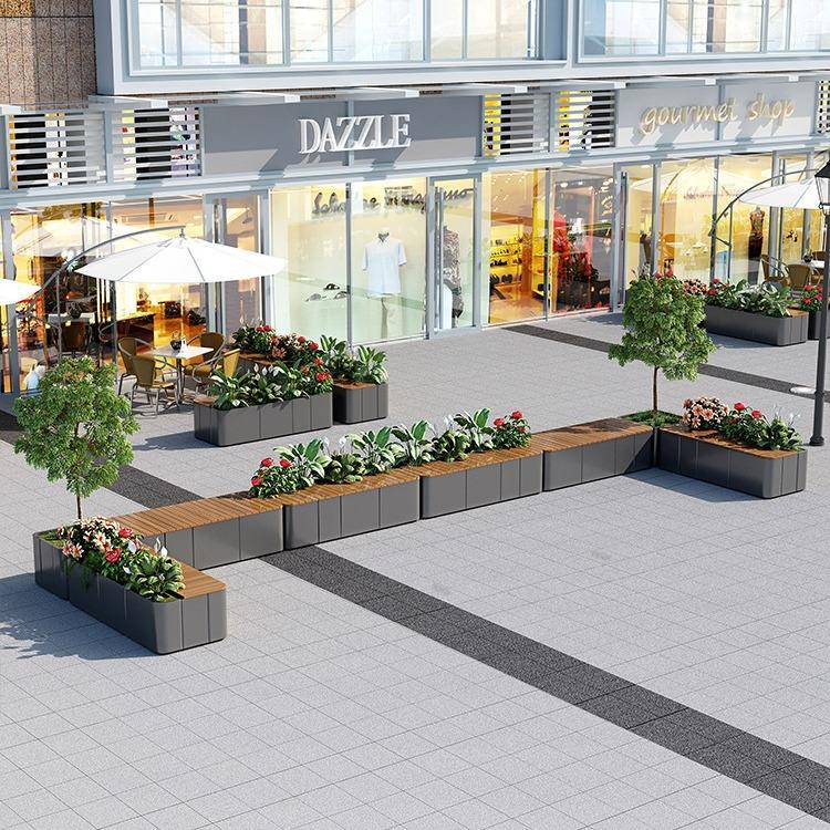 ZG0815-2外铁艺座椅合坛商业街花箱塑木休花息凳组广场不锈钢花槽