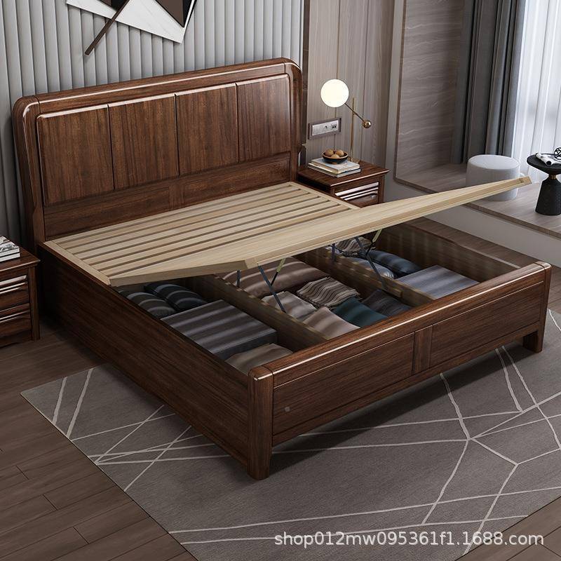 垫1胡桃木实木床1.的8米主卧储物床.5PWSm加席梦思床框架结构双人