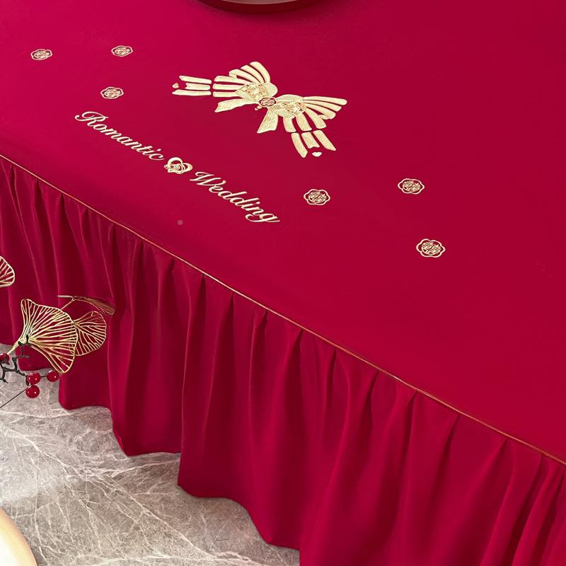 大色款裙三件套红婚礼婚庆红色婚床床罩绑带床单93867605带床裙边