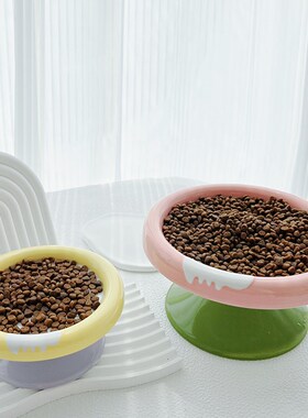 陶瓷猫碗不易打翻高脚浅口猫食盆大口径可爱猫咪吃饭专用保护颈椎