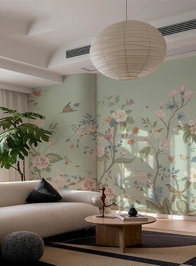 新中式轻奢花鸟墙布壁纸美式客厅沙发背景墙墙纸法式高端复古壁布