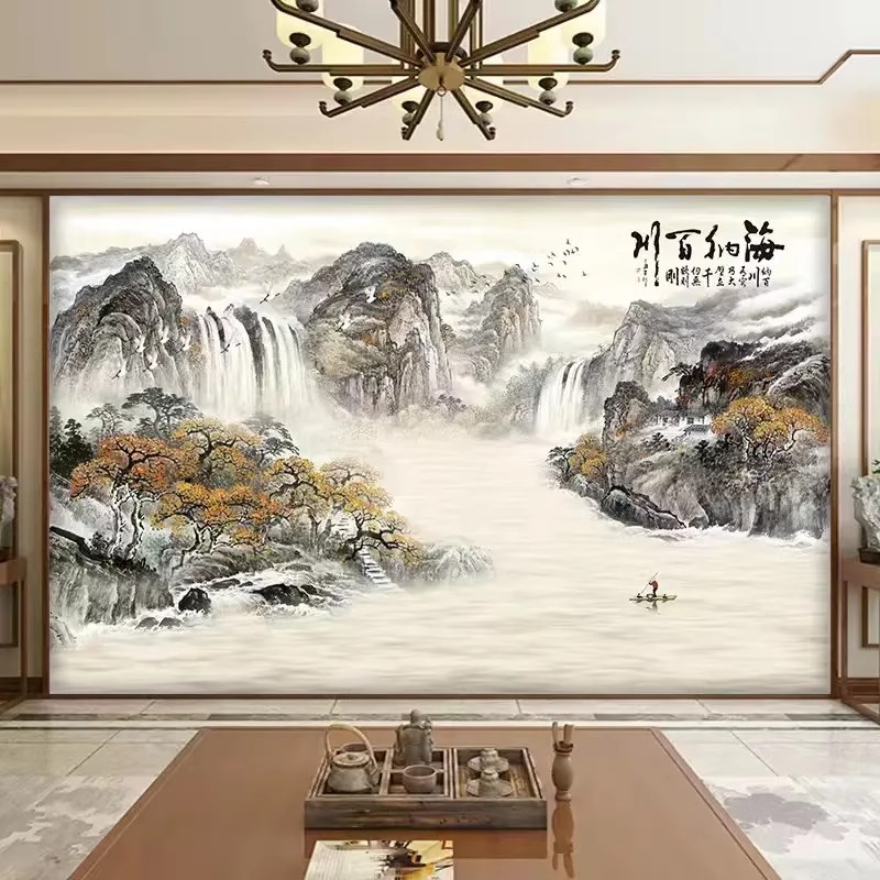 8d新中式山水风景画墙纸海纳百川墙布电视背景墙壁纸2024新款壁布