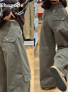 拉夏贝尔军绿色美式工装裤女春秋2026新款高腰宽松显瘦弯刀阔腿裤