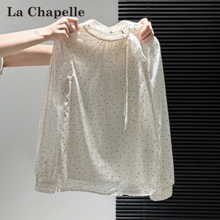 拉夏贝尔法式白色波点长袖衬衫女春秋2026新款蝴蝶结设计内搭上衣