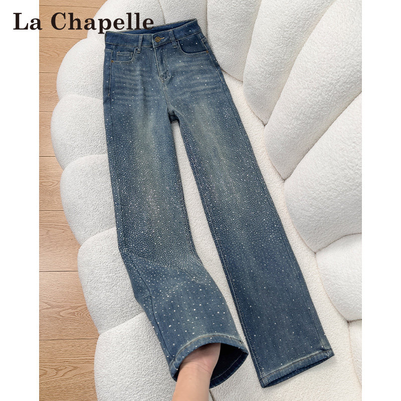 拉夏贝尔满天星烫钻加绒阔腿牛仔裤女春秋冬高腰显瘦窄版直筒裤子,女装/女士精品,牛仔裤,淘宝优惠券,粉丝福利购,淘宝优惠卷