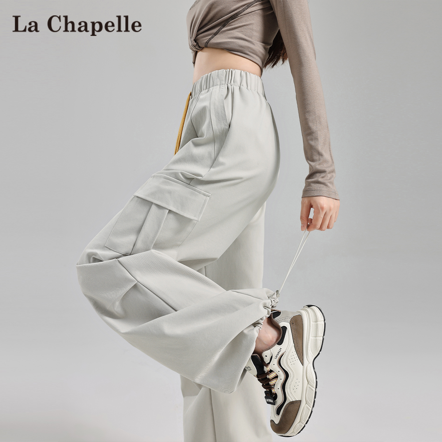 拉夏贝尔白色美式工装裤女秋季