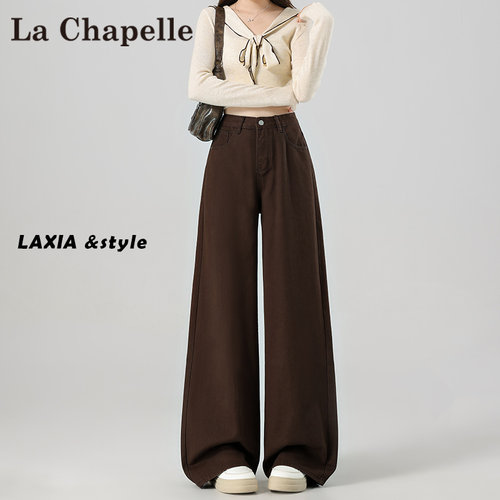 拉夏贝尔美拉德咖色阔腿牛仔裤女