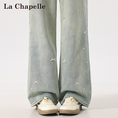 拉夏贝尔蝴蝶结烫钻直筒牛仔裤