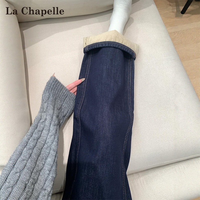 拉夏贝尔深蓝色加绒直筒牛仔裤女