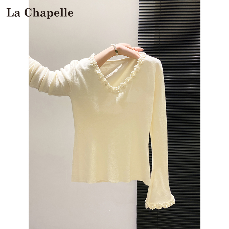 拉夏贝尔立体花朵钉珠长袖针织衫