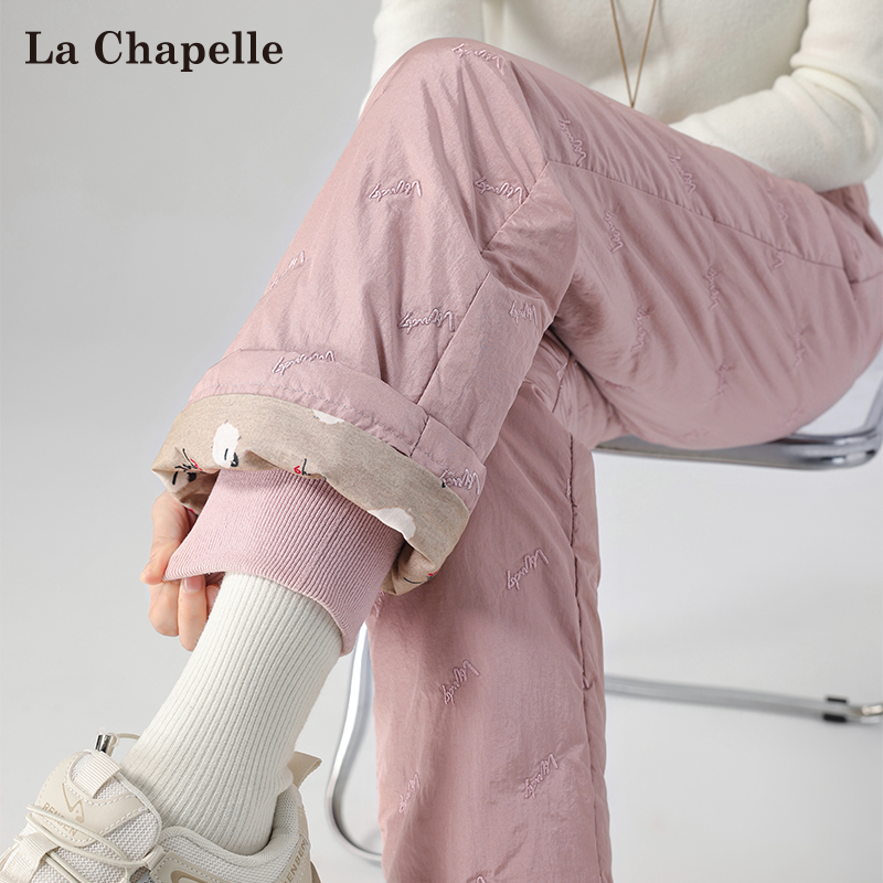 拉夏贝尔粉色刺绣直筒羽绒裤女冬