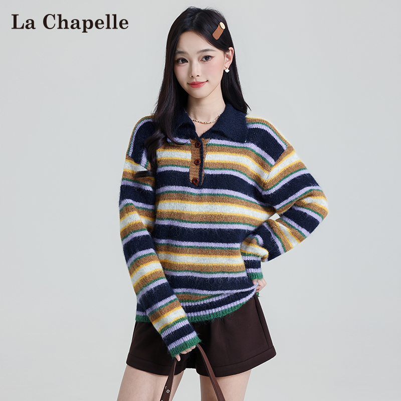 拉夏贝尔复古条纹撞色翻领针织衫