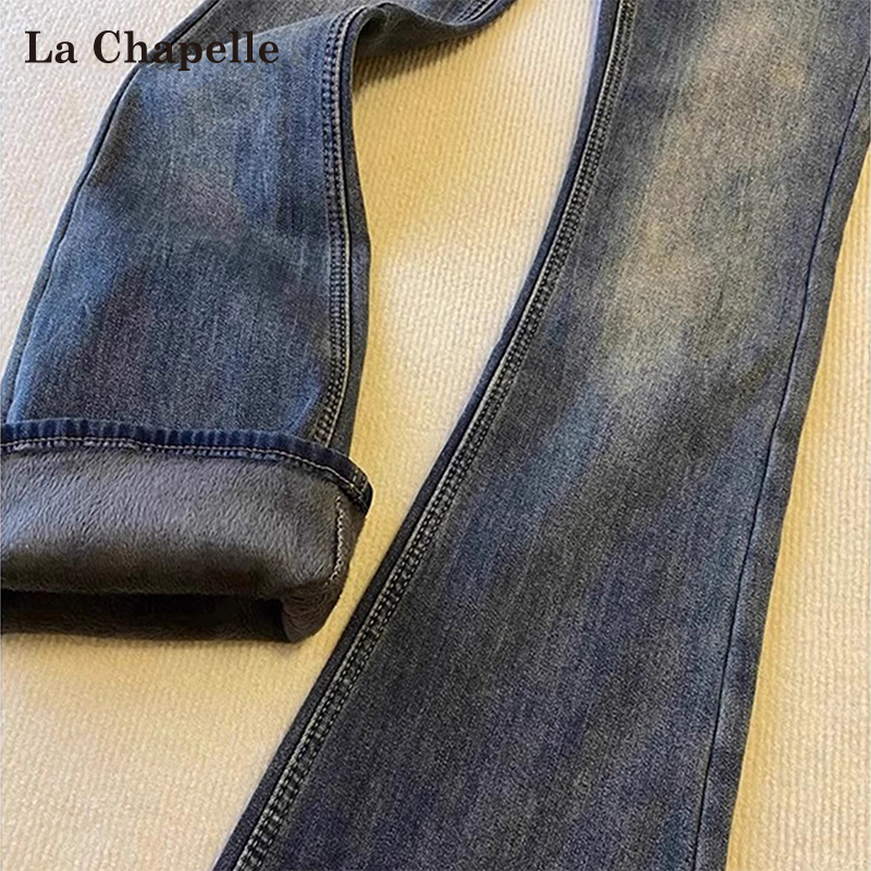 拉夏贝尔水泥灰加绒微喇牛仔裤女