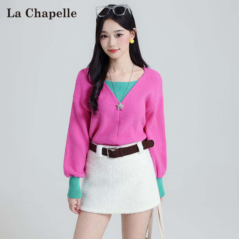 拉夏贝尔韩版假两件v领针织衫女