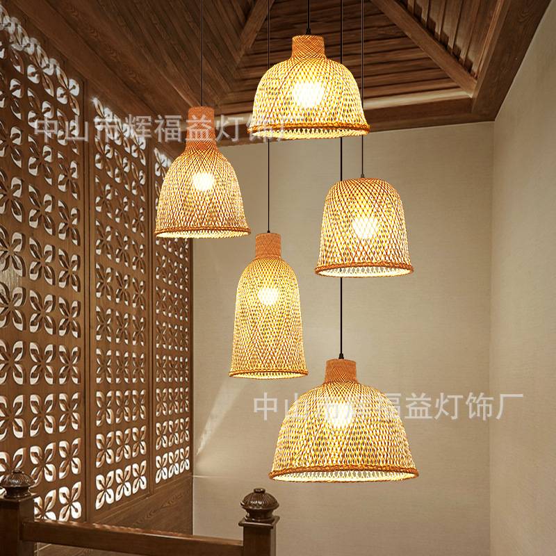 中式茶室藤艺竹编日式过道饭店创意个性餐厅吧台圆形店铺商用吊灯