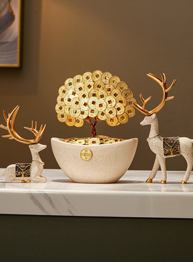 新中式电视柜酒柜l招财装饰金币发财树摆件轻奢客厅办公室开业礼