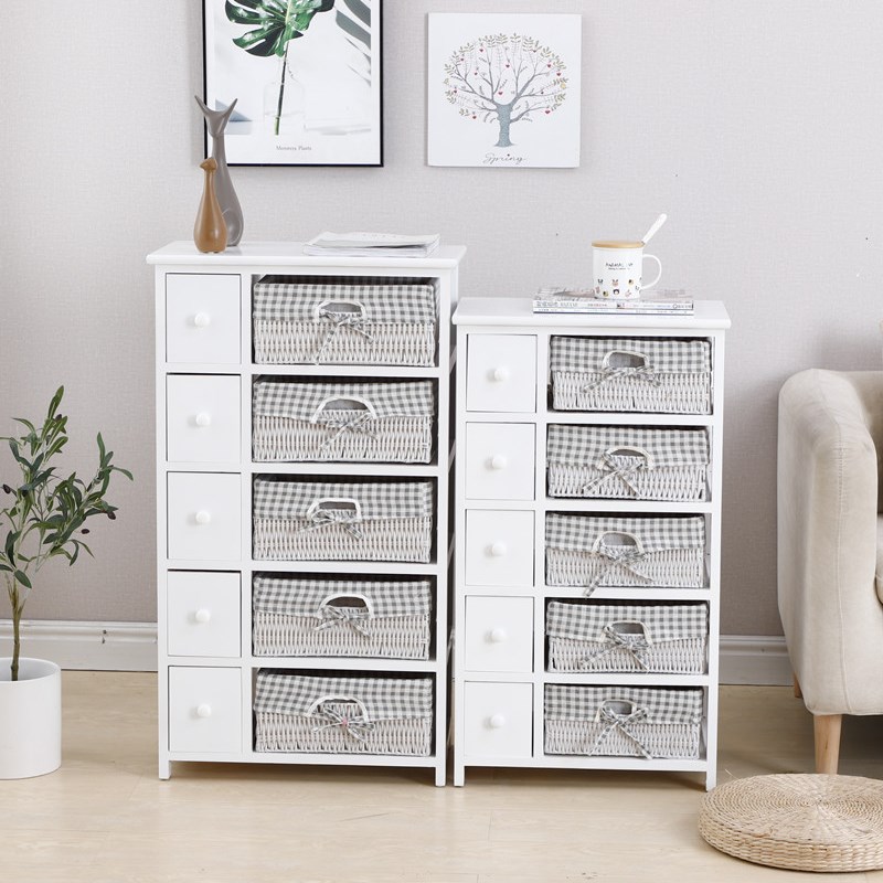 客厅组合五斗柜白色实木田园藤编收纳柜大L容量卧室置物柜储物柜
