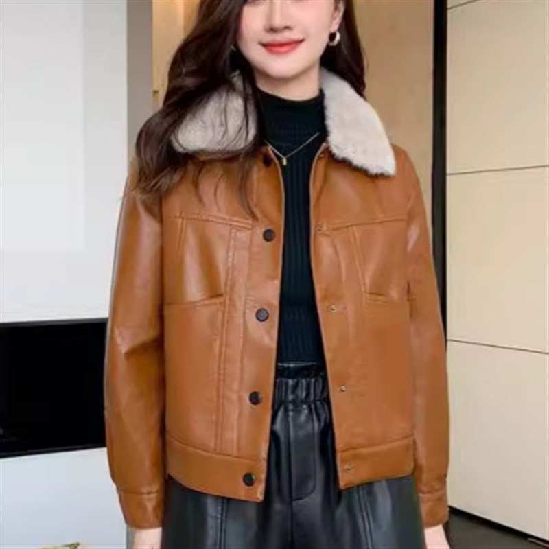毛领加绒加厚皮衣外套女短款冬季新款洋气时尚翻领PU皮夹克女式
