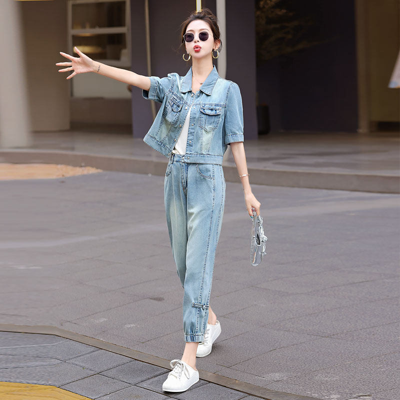 今年流行时尚牛仔套装女装夏季薄款2024新款夏天两件套夏款小个子