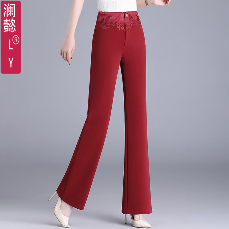 垂顺不打皱秋冬厚款高腰微喇裤女士刺绣显瘦喇叭裤显瘦西裤职业女