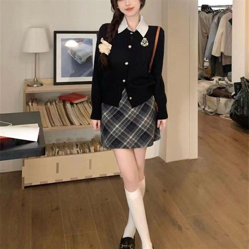 套装学院风穿搭假两件针织衫夏季格纹半身裙包臀裙毛衣开衫两件套