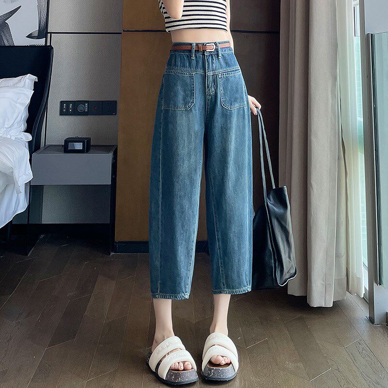 八分哈伦牛仔裤女夏季薄款梨型身材高腰粗腿显瘦小个子灯笼老爹裤
