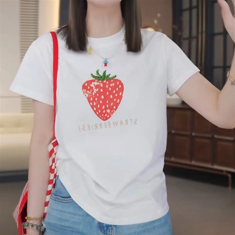 小众设计感草莓钉珠印花短袖T恤女2025夏季新款休闲百搭显瘦上衣
