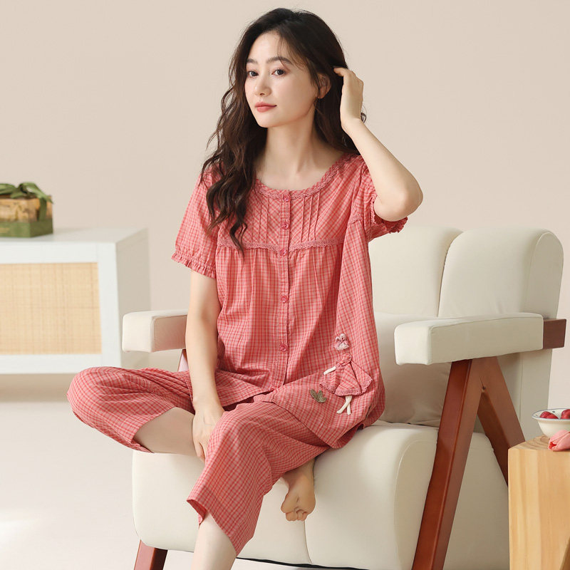 夏季睡衣女士梭织纯棉薄款短袖七分裤大码夏天妈妈家居服全棉套装
