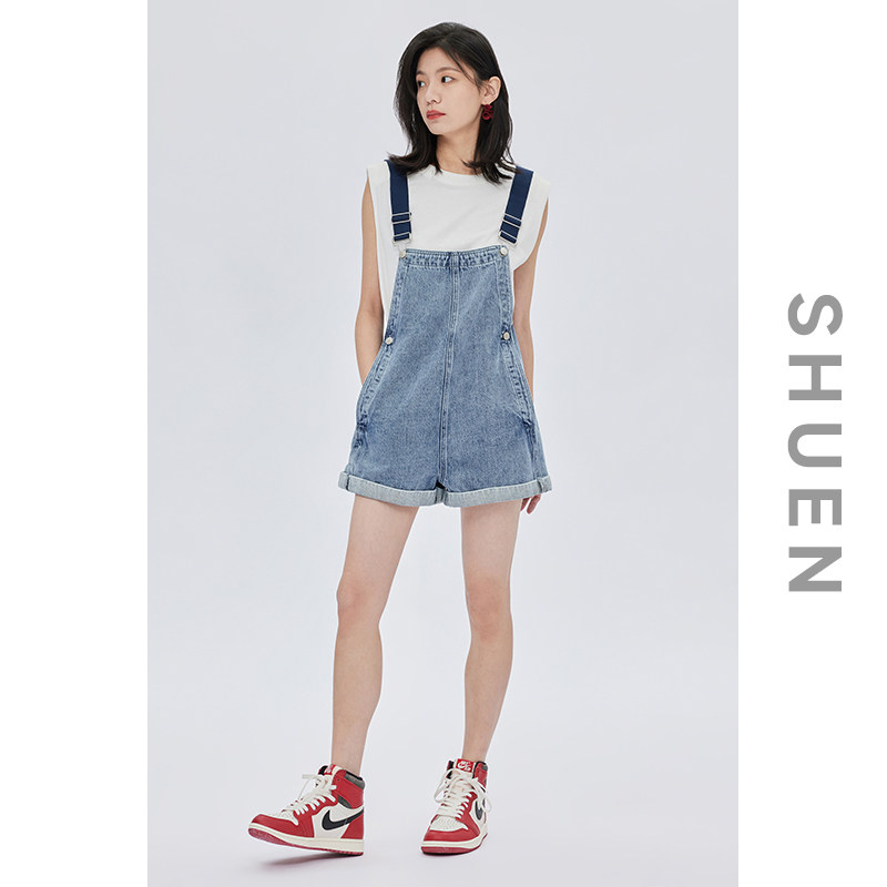 可调节拼色织带卷边高腰短裤潮夏浅蓝色纯棉牛仔背带裤女2025新款