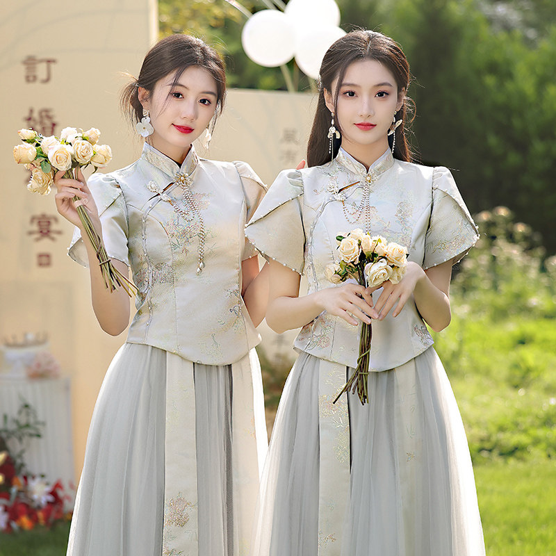 中式伴娘服女2024新款夏季姐妹团小个子礼服高级感旗袍显瘦伴娘裙