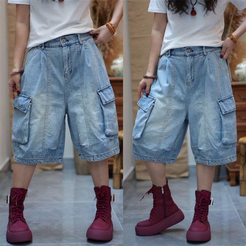 浅蓝色磨白牛仔工装直筒中裤女2025夏季新款松紧腰拼接大口袋短裤