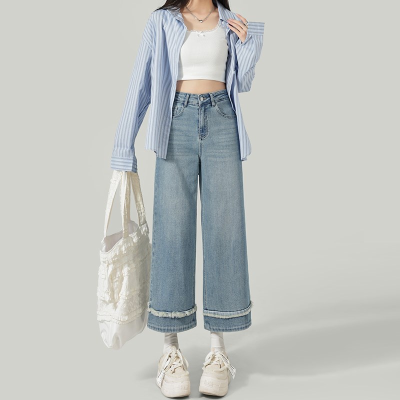 浅蓝色阔腿牛仔裤女夏2025新款毛边设计感高腰直筒宽松显瘦九分裤