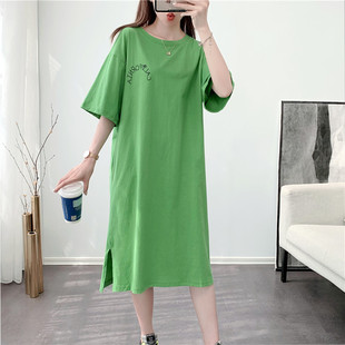 过膝居家睡衣裙夏 宽松外穿连衣裙长款 纯棉短袖 t恤懒人裙2021新款