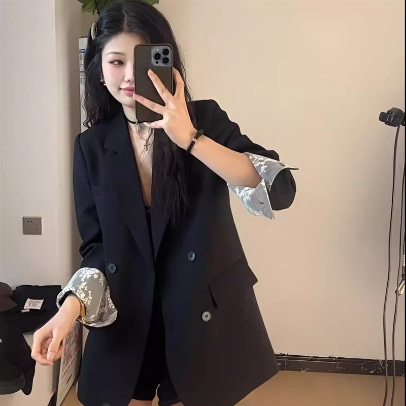 高级感西装外套女小个子2025春新款韩版宽松休闲小众蕾丝拼接西服