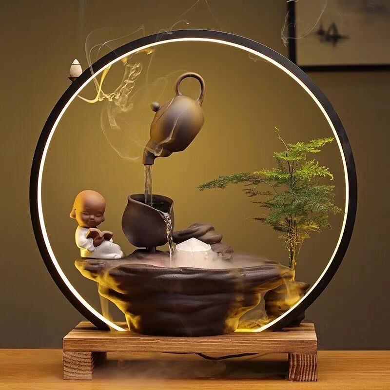 守淘人新中式悬壶流水器摆件创意灯饰倒流香招财客厅玄关桌面摆设